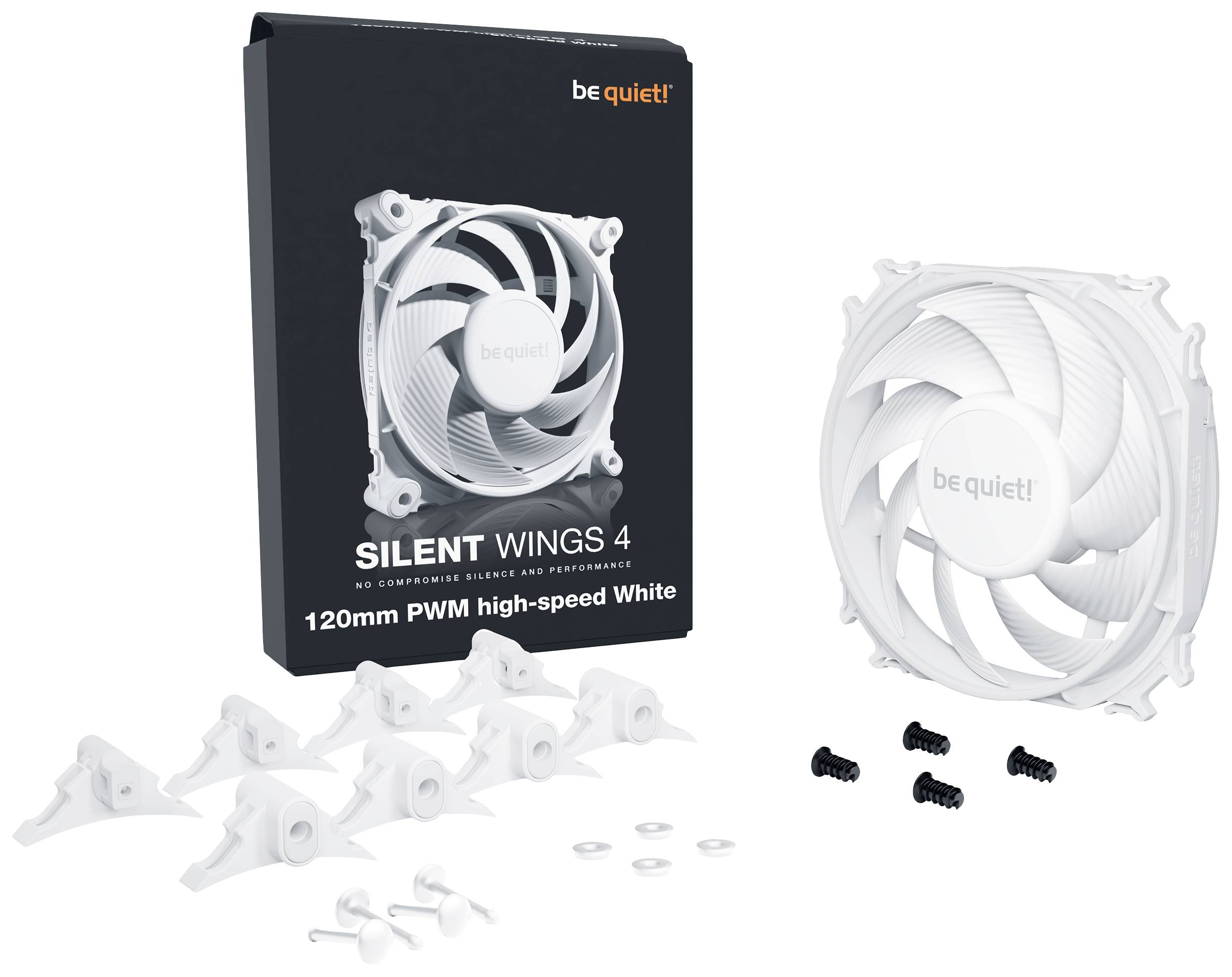 'Be quiet! Silent Wings 4' weißer 120mm Lüfter und Zubehör neben der Verpackung.