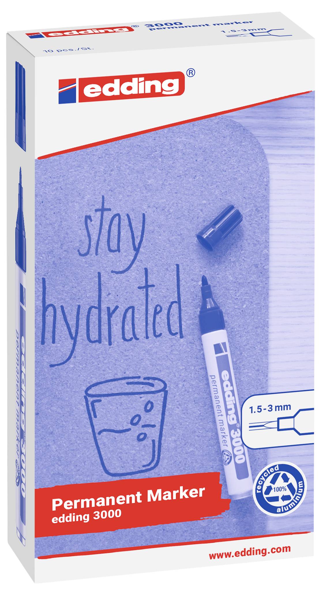 Verpackung für edding 3000 Permanent Marker, mit einer blauen handschriftlichen „stay hydrated" Illustration und einem 1,5-3 mm Keilspitze Etikett.