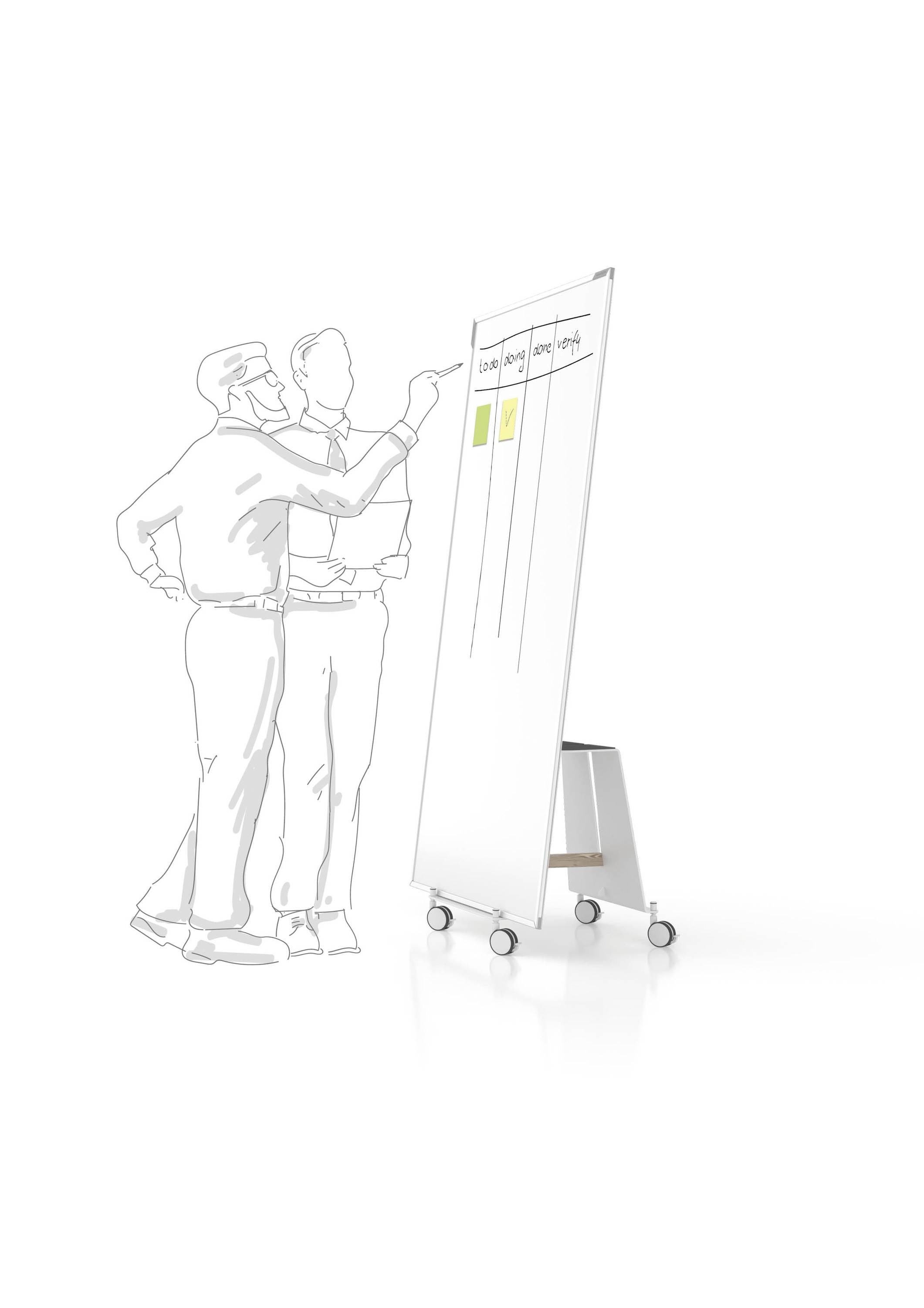 Zwei gezeichnete Personen stehen vor einem Whiteboard und diskutieren über darauf vermerkte Notizen in einem hellen Raum.