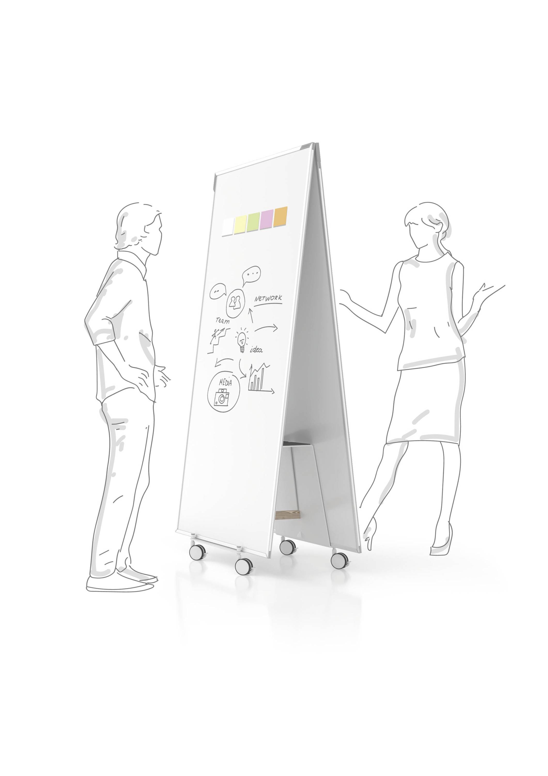 Zwei skizzierte Personen diskutieren vor einem Whiteboard auf Rollen mit Diagrammen und Notizen. Es symbolisiert kreative Teamarbeit.