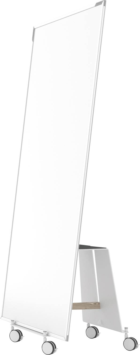 Ein schmaler, mobiler Whiteboard-Ständer mit Rollen, neigbar und weißer Oberfläche. Ideal für Präsentationen oder Meetings.