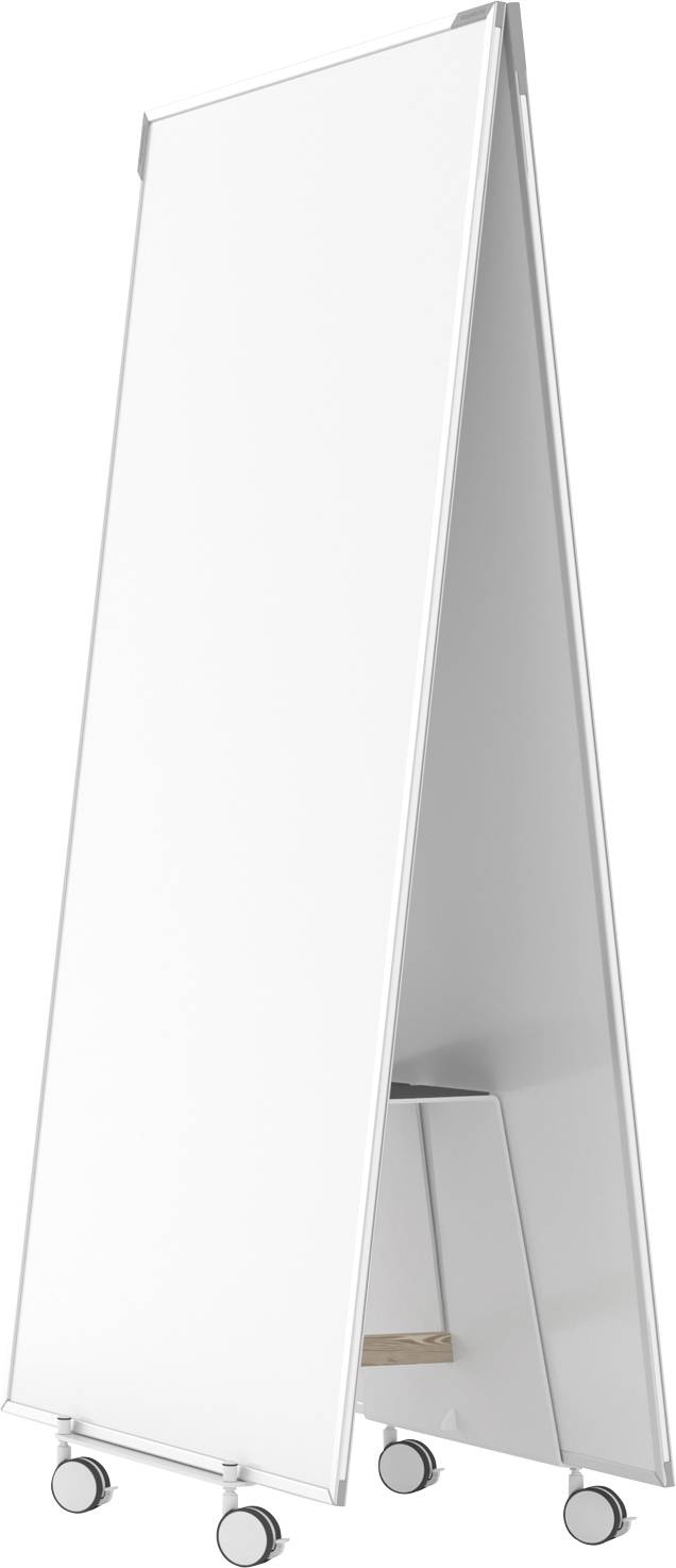 Mobiles Flipchart mit weißer Tafel, montiert auf fünf Rollen.