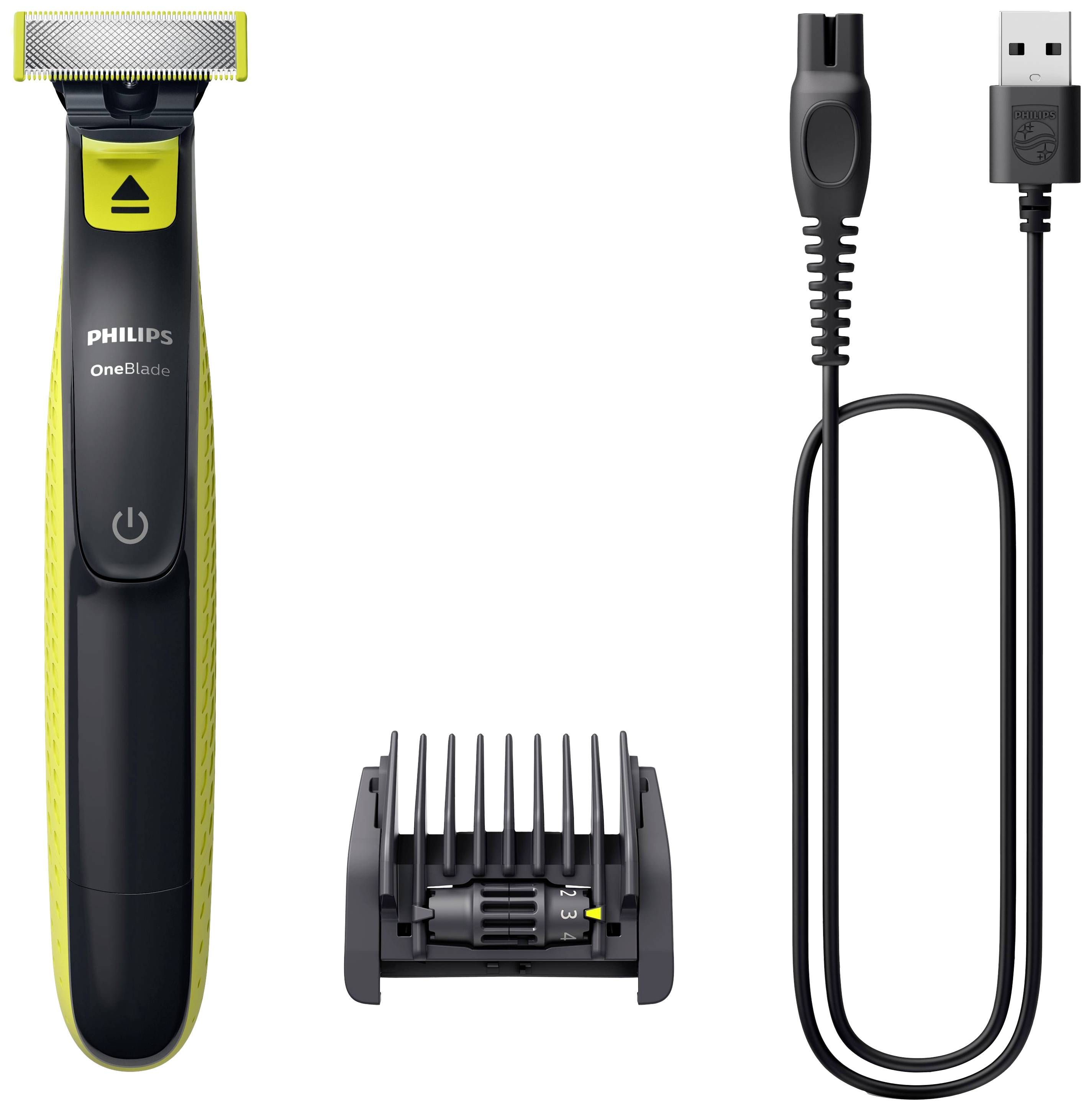 Elektrischer Rasierer mit Kammaufsatz und USB-Ladekabel, geeignet zum Trimmen und Rasieren von Barthaaren.