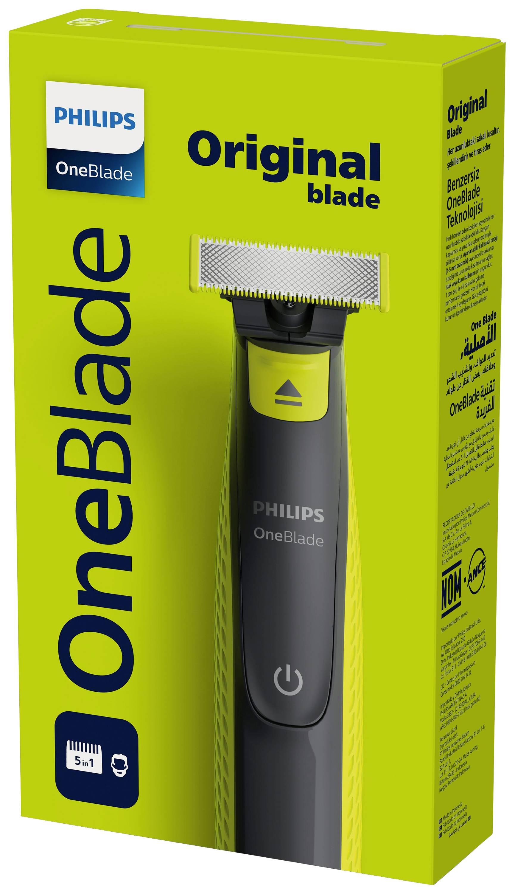 Rasierer mit neon-grüner Verpackung 'OneBlade' von Philips, zeigt abgebildeten Rasierer, geeignet zum Trimmen, Stylen und Rasieren.