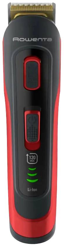 Roter und schwarzer Haarschneider von Rowenta mit zwei Tasten und LED-Anzeige auf der Vorderseite.