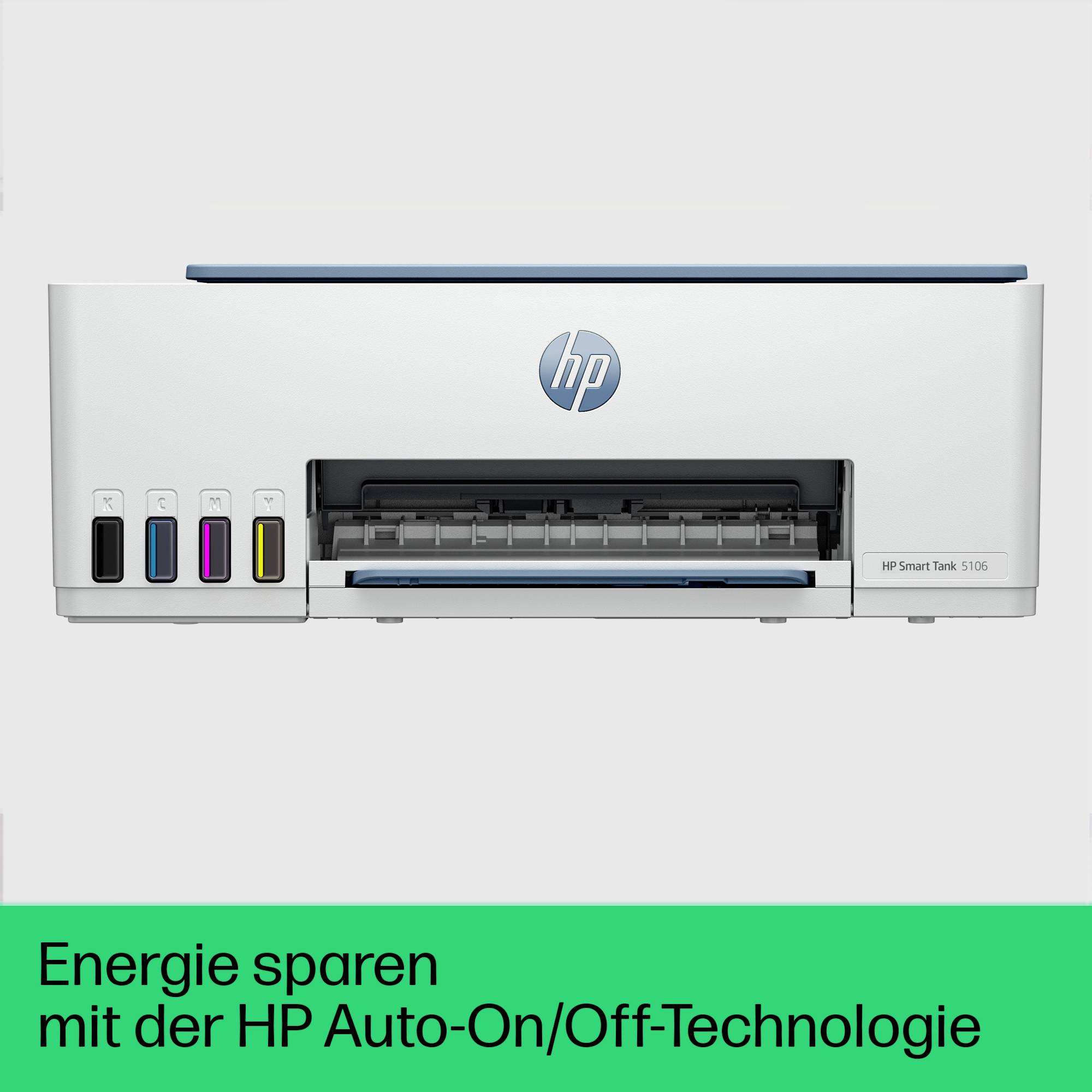 Ein HP-Drucker mit der Aufschrift 'Energie sparen mit der HP Auto-On/Off-Technologie'.