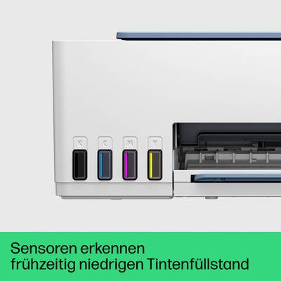 Ein Drucker mit Tintenpatronen in den Farben Schwarz, Cyan, Magenta und Gelb. Text unten: 'Sensoren erkennen frühzeitig niedrigen Tintenfüllstand'.