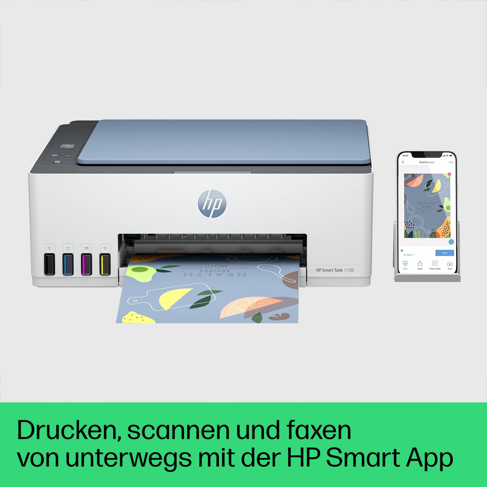 Ein HP-Drucker mit einer Smartphone-App zur Steuerung. Text unten: 'Drucken, scannen und faxen von unterwegs mit der HP Smart App'.