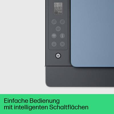 'Bedienfeld mit Tasten für WLAN, Drucken und Ein/Aus. Text darunter: Einfache Bedienung mit intelligenten Schaltflächen.'