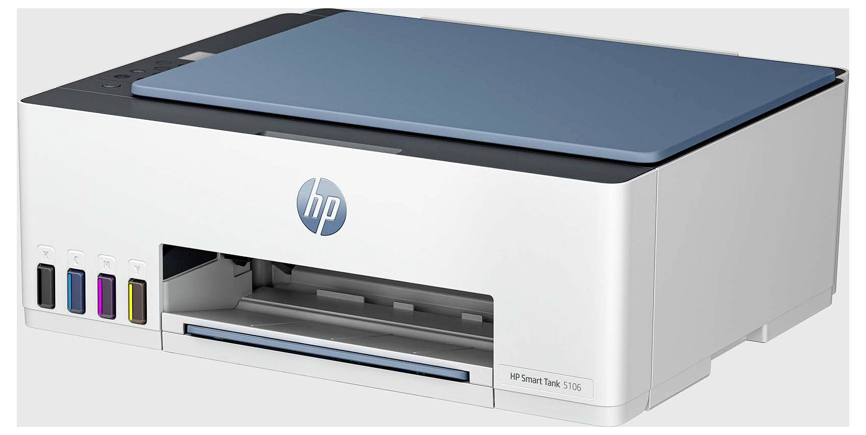 HP Smart Tank 5106 Multifunktionsdrucker mit blauem Deckel und sichtbaren vorderen Tintenbehaltern.
