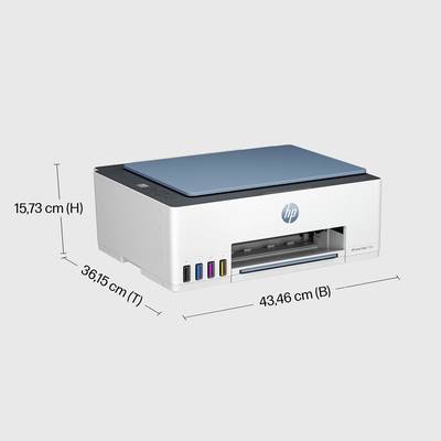 Ein weißer Drucker mit blauer Abdeckung. Maße angegeben: Breite 43,46 cm, Tiefe 36,15 cm, Höhe 15,73 cm. Markennamen sichtbar.