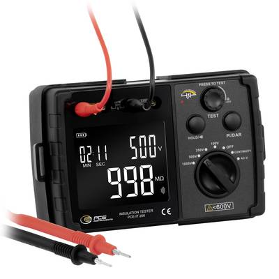 Digitales Isolationsprüfgerät zeigt 500 V und 998 MΩ an, mit roten und schwarzen Messleitungen, die mit dem Gerät verbunden sind.