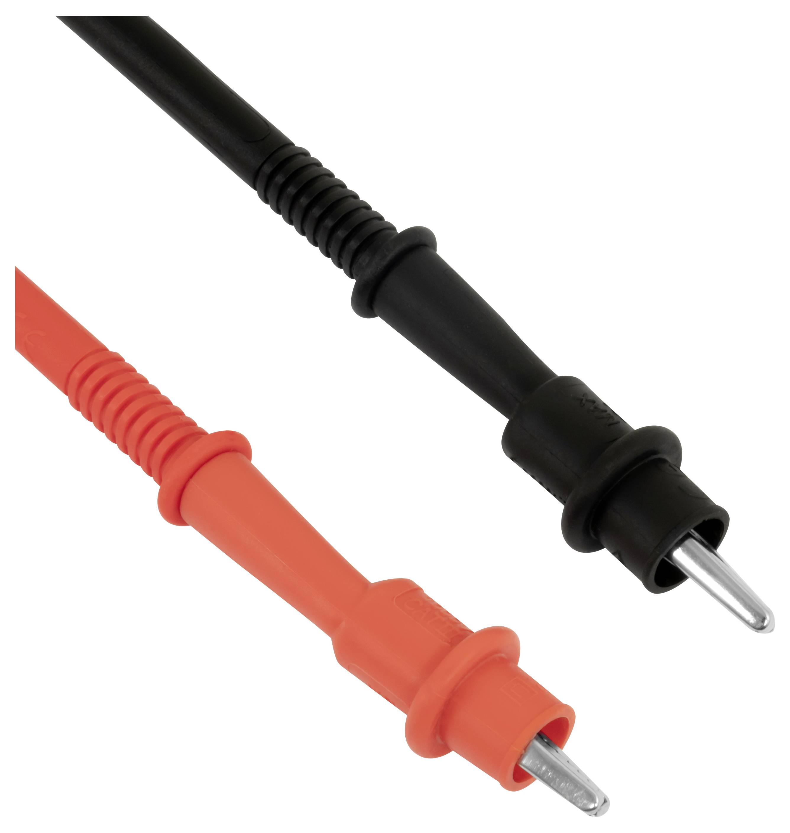 Zwei Digitalmultimeter-Messleitungen, eine schwarze und eine rote, auf weißem Hintergrund mit freiliegenden Metallspitzen.