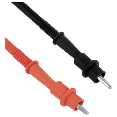 Zwei Digitalmultimeter-Messleitungen, eine schwarze und eine rote, auf weißem Hintergrund mit freiliegenden Metallspitzen.