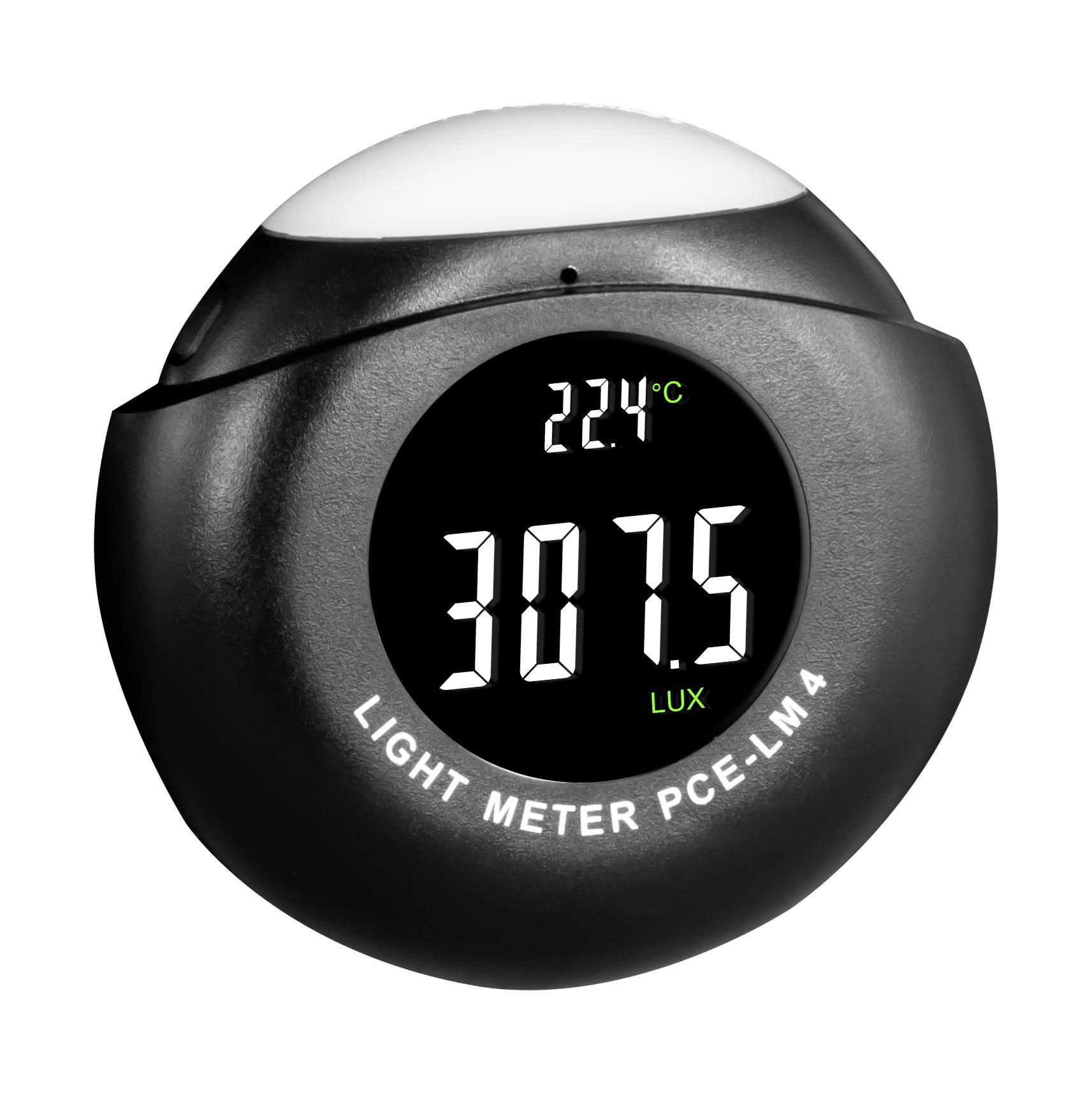 Tragbares Luxmeter mit einer digitalen Rundanzeige, die 307,5 Lux und 22,4°C anzeigt.