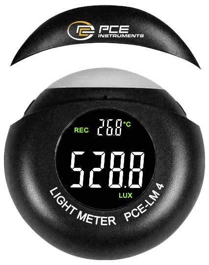 Tragbares PCE-Messinstrument Luxmeter zeigt 528,8 Lux an, mit 26,0°C und REC auf dem digitalen Display angezeigt.