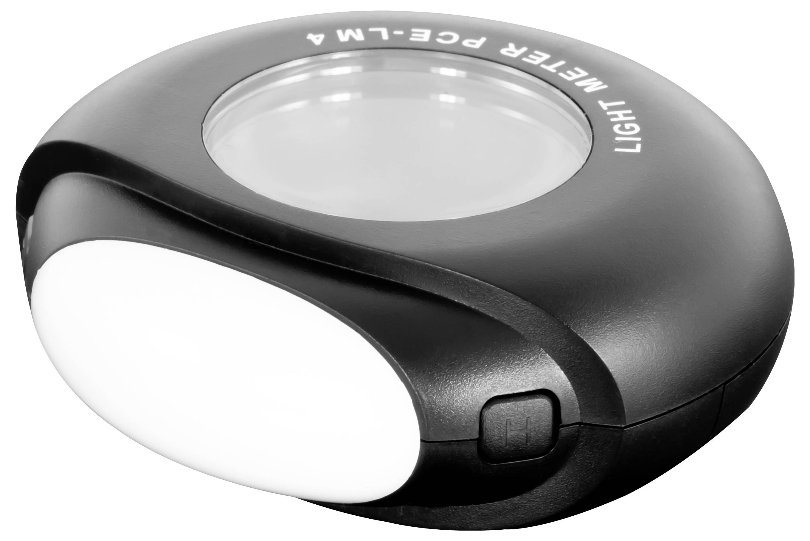 Schwarze kreisförmige tragbare LED-Leuchte mit großem weißem Lichtpaneel und klarer Mittellinse, beschriftet mit "LIGHT" und "METER PCE-LM4".