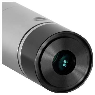 Nahaufnahme einer zylindrischen Kameralinse oder eines optischen Sensors mit schwarzem Frontelement und sichtbaren blaugrünen Reflexionen.
