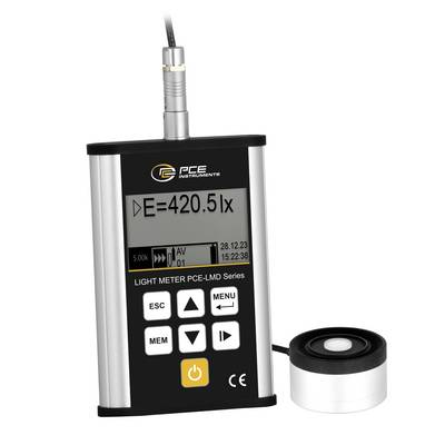 Tragbares PCE-Luxmeter mit externem Sensor, das eine Anzeige von „E=420,5 lx" auf dem Display zeigt.