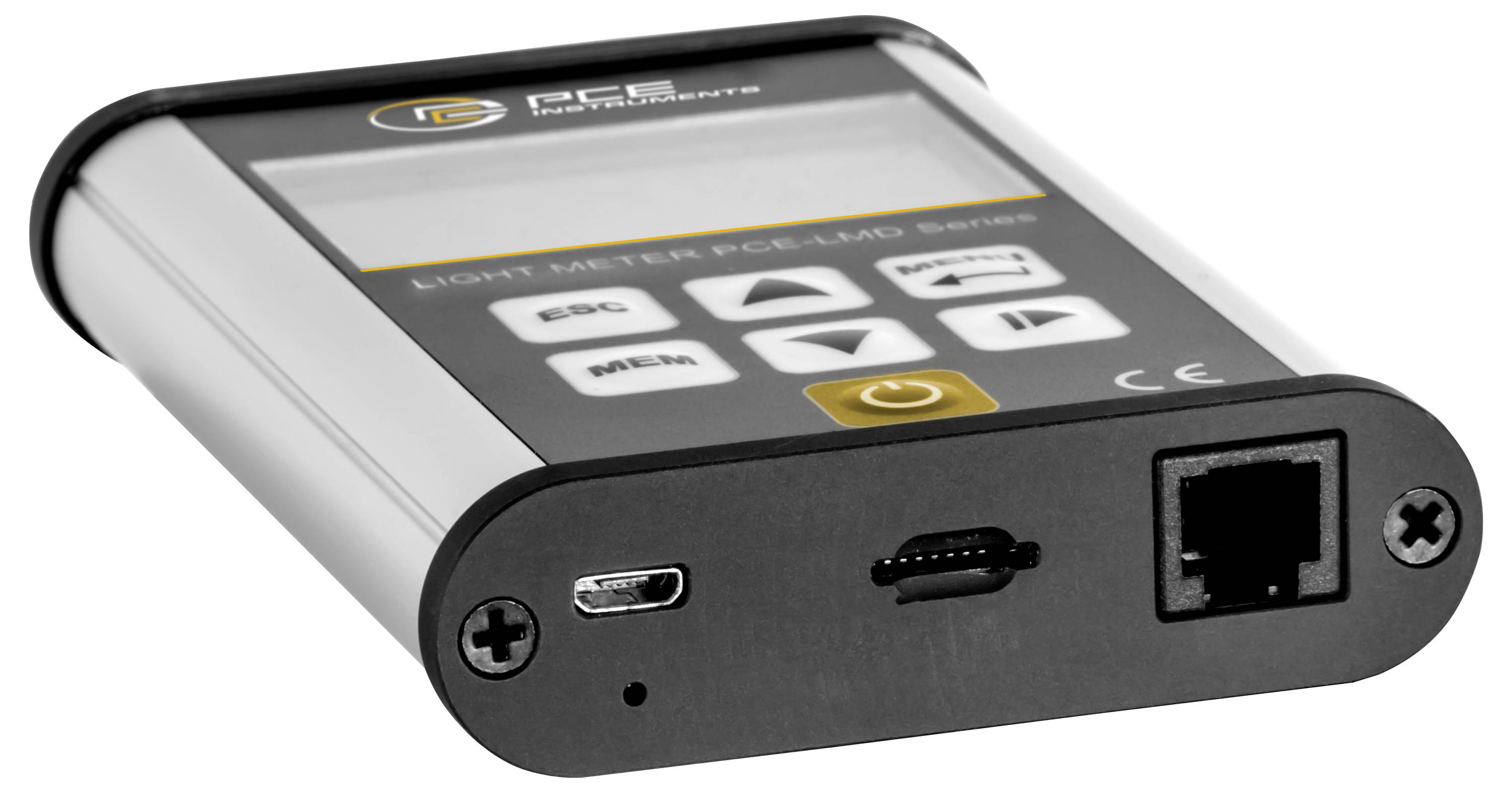 Tragbares elektronisches Gerät mit kleinem Display und Steuertasten, das USB- und Ethernet-Anschlüsse auf der Vorderkante zeigt.