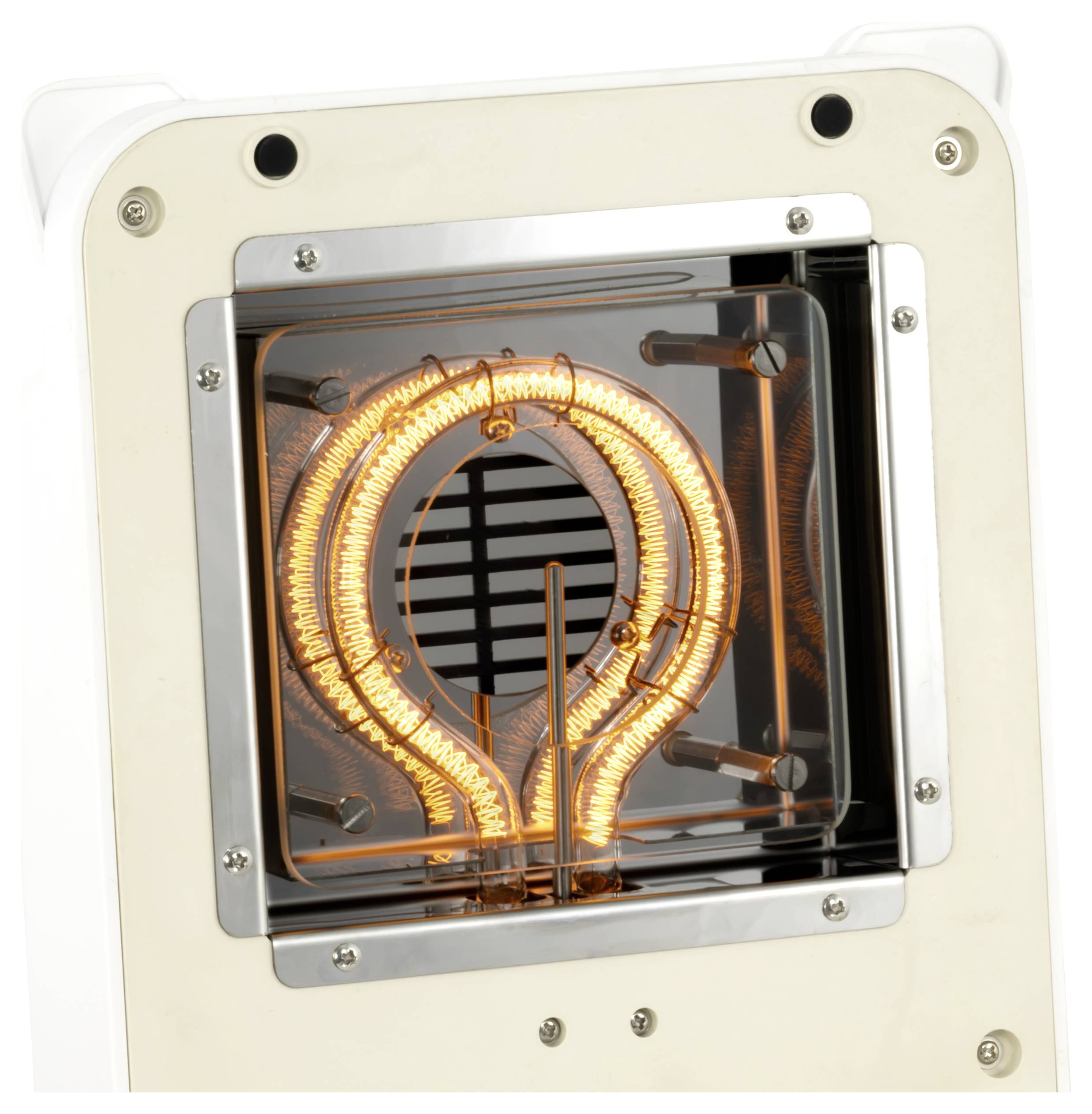 Glühende elektrische Heizwendel in einem quadratischen Metallgehäuse auf einem weißen Gerätepanel.