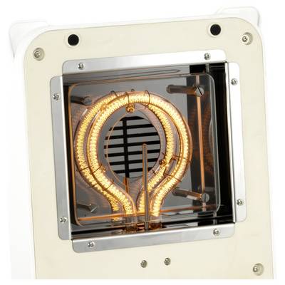Glühende elektrische Heizwendel in einem quadratischen Metallgehäuse auf einem weißen Gerätepanel.