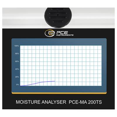 PCE Instruments Feuchtemessgerät PCE-MA 200TS zeigt eine ansteigende blaue Linie auf einem Prozentgitter von 0% bis 100%.