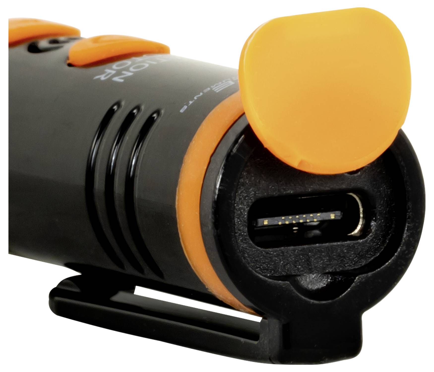 Nahaufnahme eines schwarz-orangefarbenen USB-C-Geräts mit einer Schutzkappe, die den Anschluss abdeckt, auf weißem Hintergrund gezeigt.
