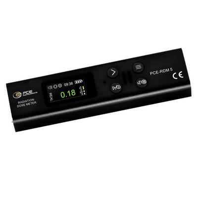 Schwarzes PCE-RDM 5 Strahlendosismessgerät zeigt eine Ablesung von 0,18 μSv/h auf einem kleinen Display an, mit Steuertasten und CE-Kennzeichnung.