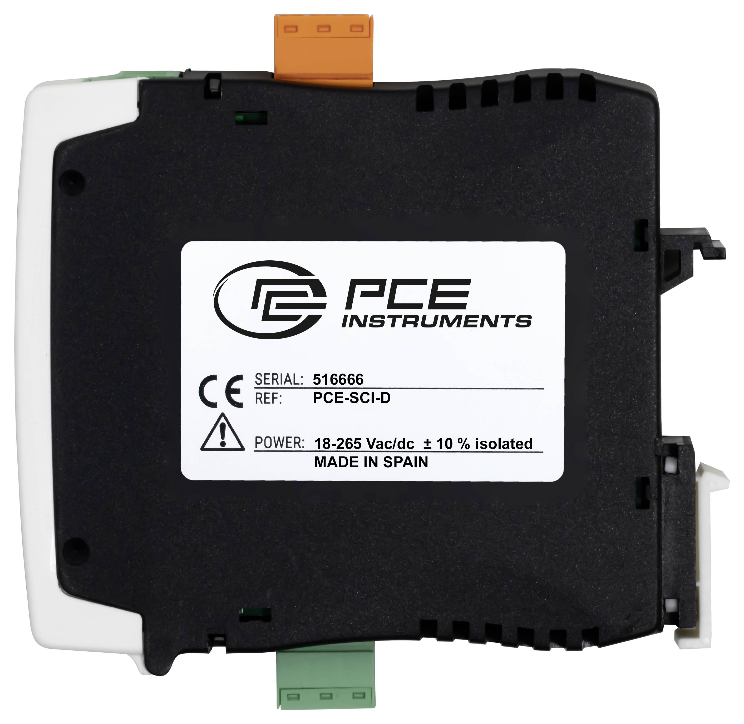 Schwarzes PCE-Instrumentengerätemodul mit gekennzeichneten Serien- und Stromversorgungsinformationen, das orangefarbene obere und grüne untere Anschlüsse zeigt.