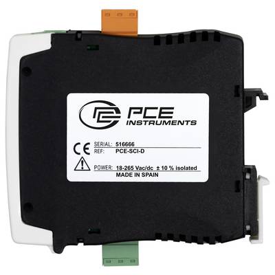 Schwarzes PCE-Instrumentengerätemodul mit gekennzeichneten Serien- und Stromversorgungsinformationen, das orangefarbene obere und grüne untere Anschlüsse zeigt.