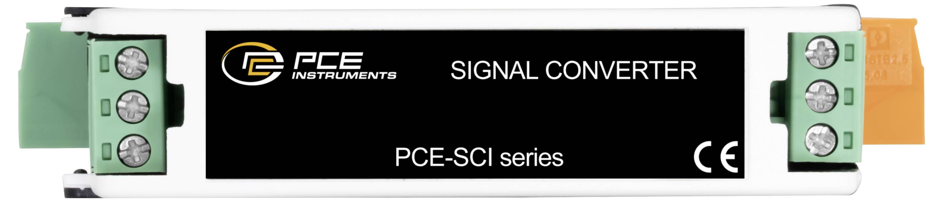 PCE Instruments PCE-SCI Signalwandlermodul mit grünen Schraubklemmen an beiden Enden und Etikett mit CE-Kennzeichnung.