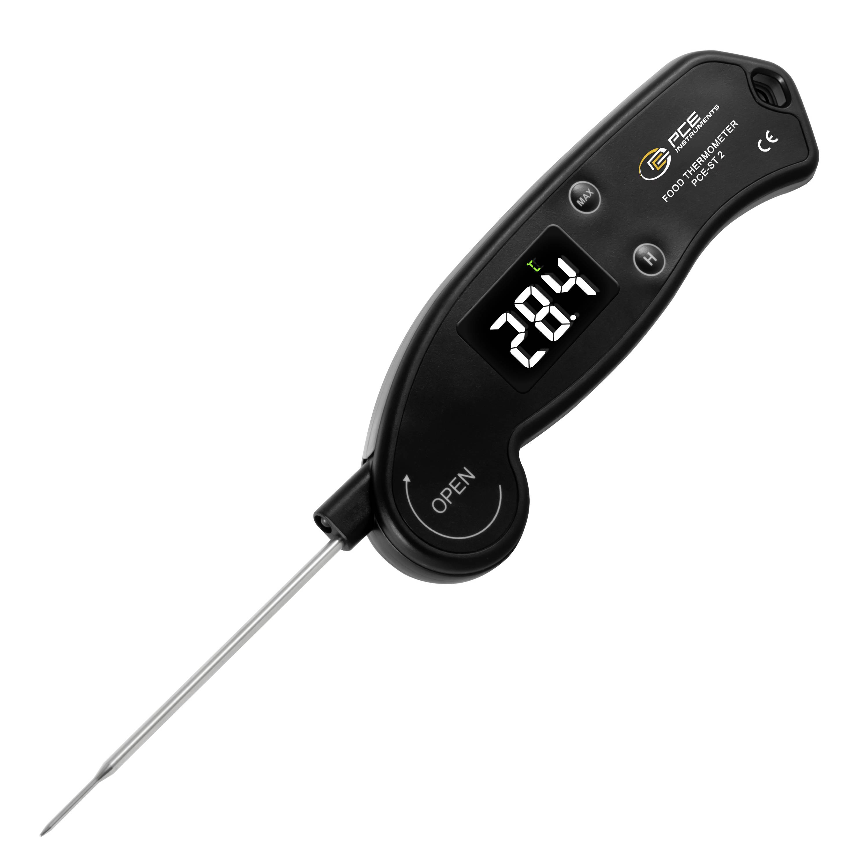Schwarzes digitales Lebensmittelthermometer mit Metallfühler, das 28,4 anzeigt, wird verwendet, um die Lebensmitteltemperatur zu messen.