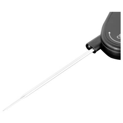 Digitales schwarzes Thermometer mit langer transparenter Sonde auf weißem Hintergrund, diagonal angewinkelt.