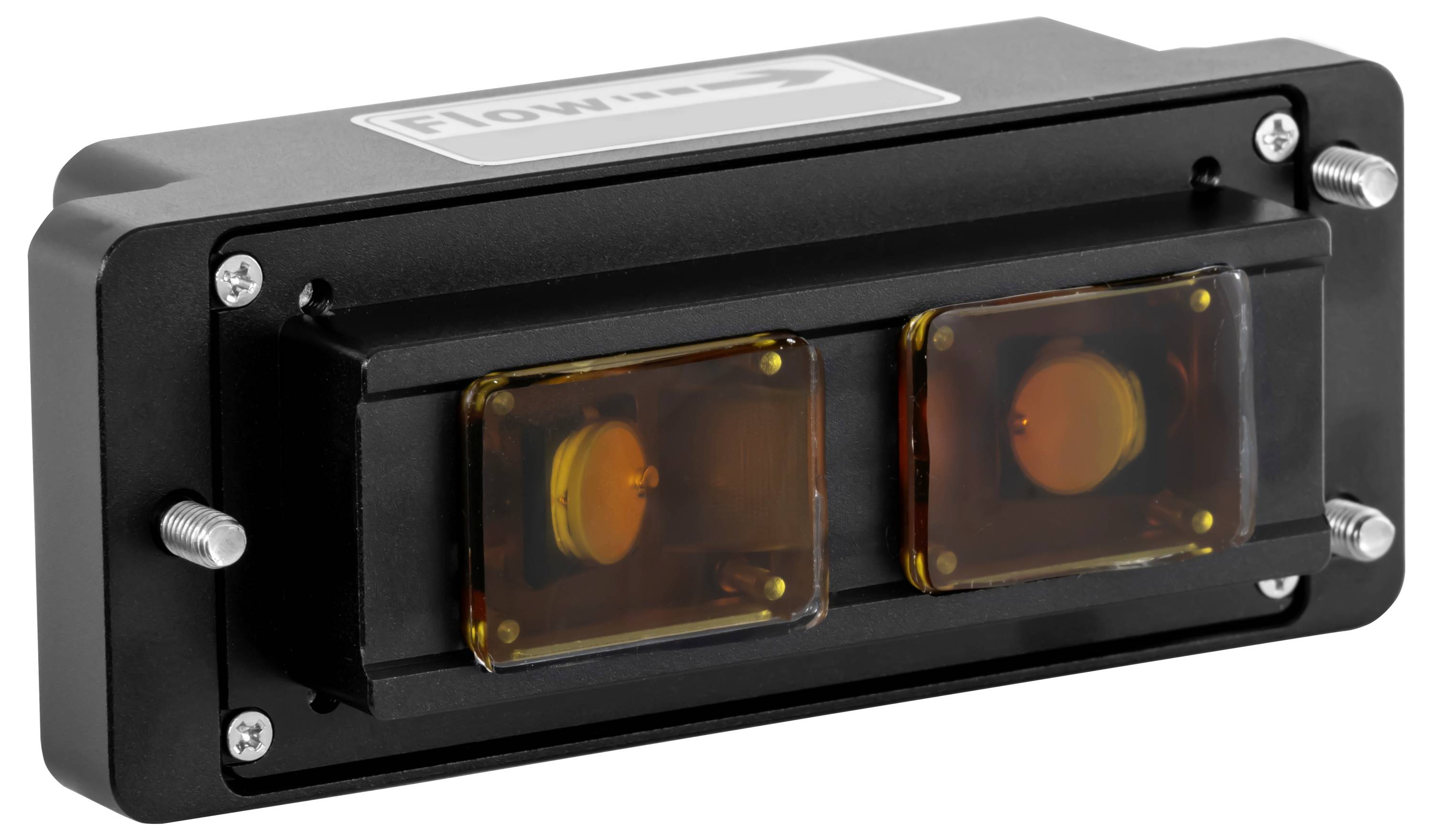 Schwarzer Dual-Linsen-Industrie-Sensor oder Lichtmodul mit zwei bernsteinfarbenen Fenstern in einem rechteckigen Metallgehäuse mit Befestigungsschrauben.