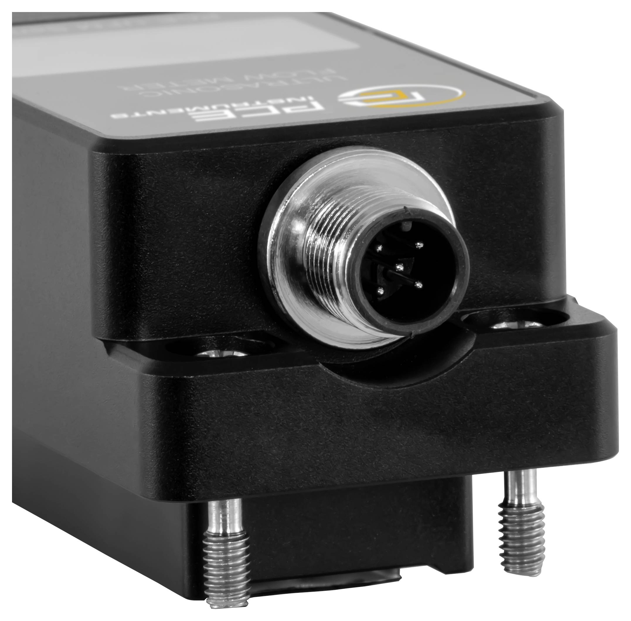Schwarzer industrieller elektronischer Sensor mit gewindeförmigem kreisförmigem Stecker und zwei Befestigungsstiften, auf weißem Hintergrund dargestellt.