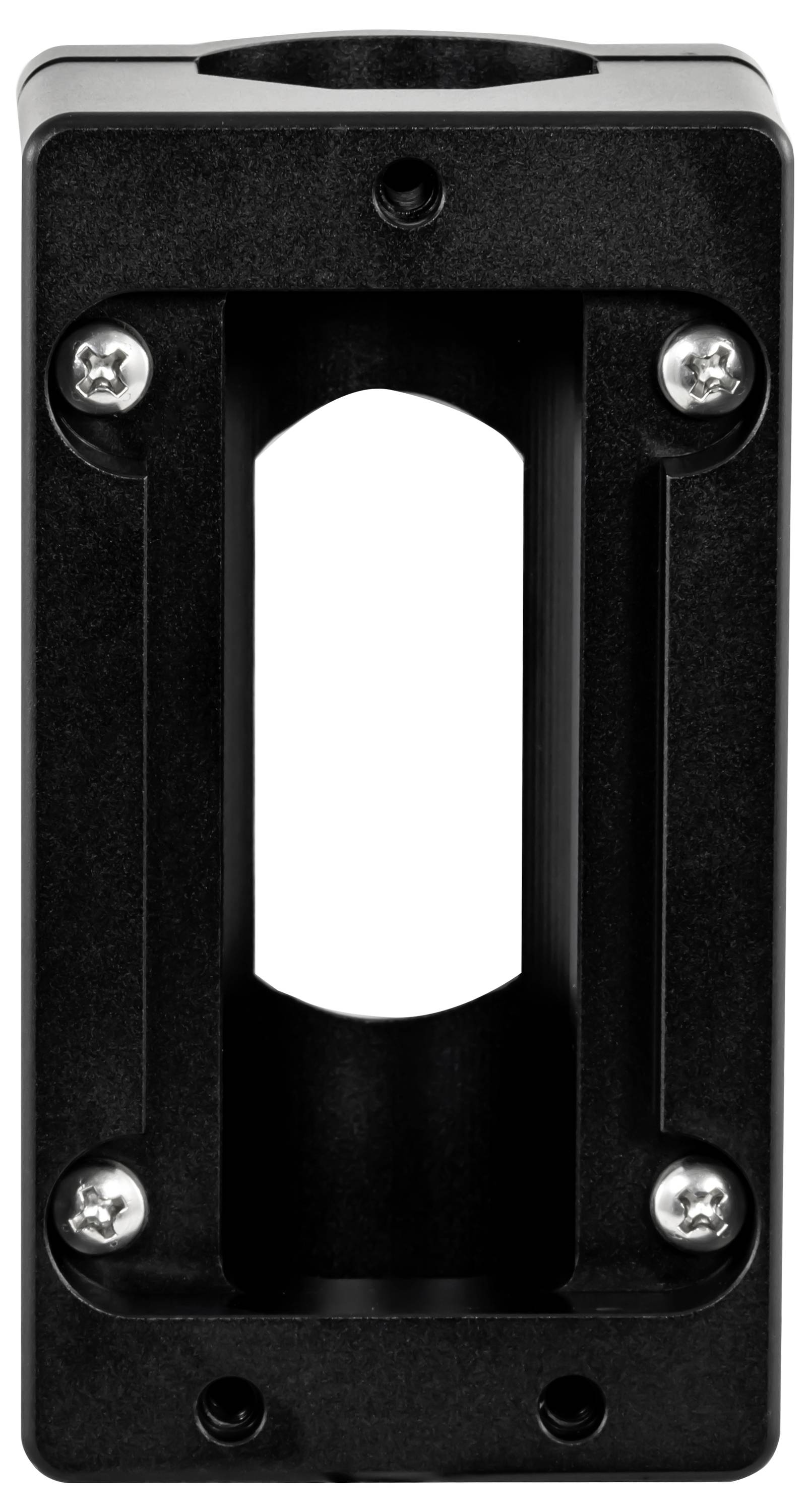 Schwarze Metallmontageklammer mit vier Schrauben und einem zentralen rechteckigen Ausschnitt.