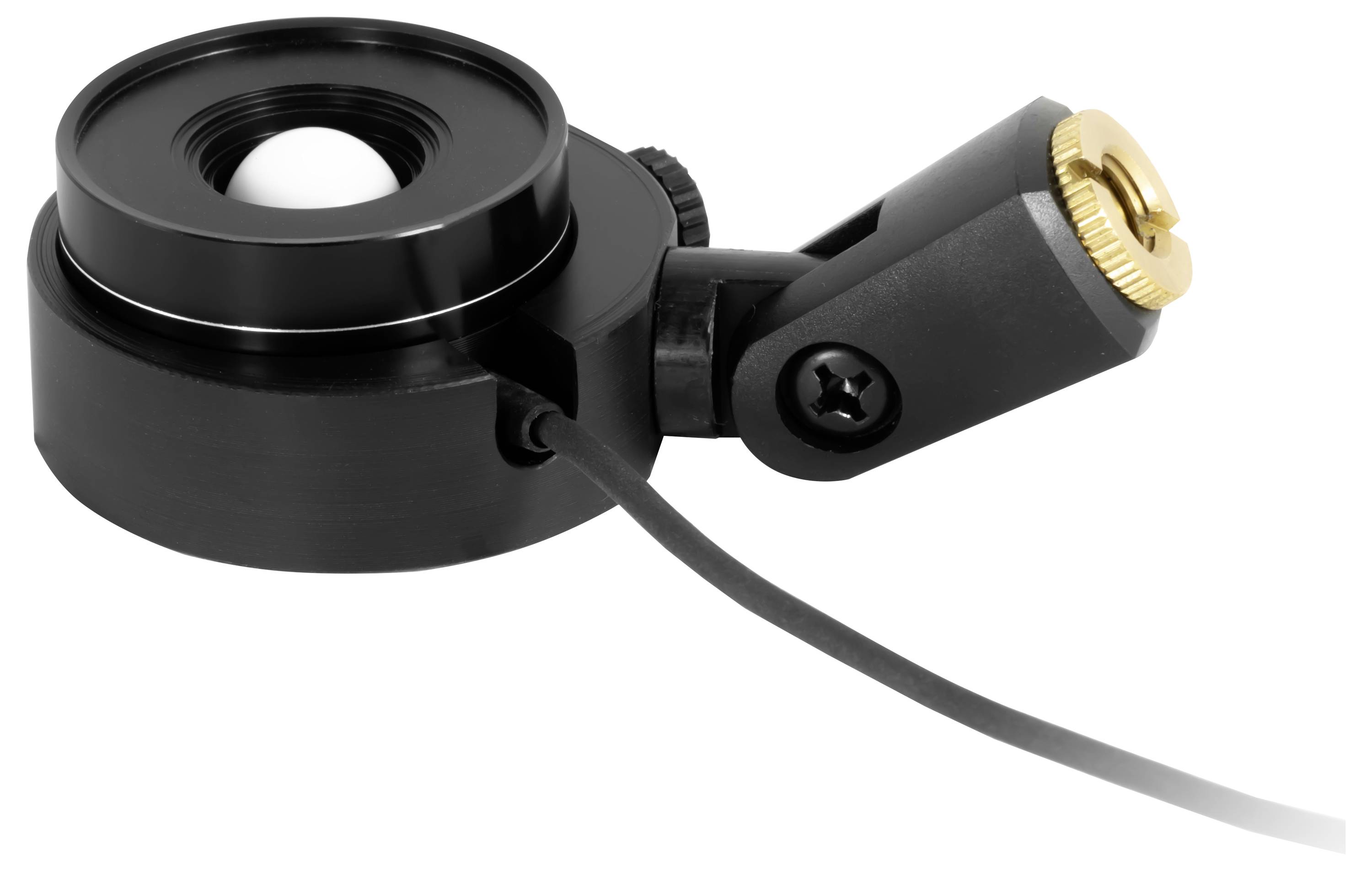 Schwarze Scheinwerfer-ähnliche Leuchte mit verstellbarem Arm, schwarzem Kabel und goldfarben frontring auf weißem Hintergrund.