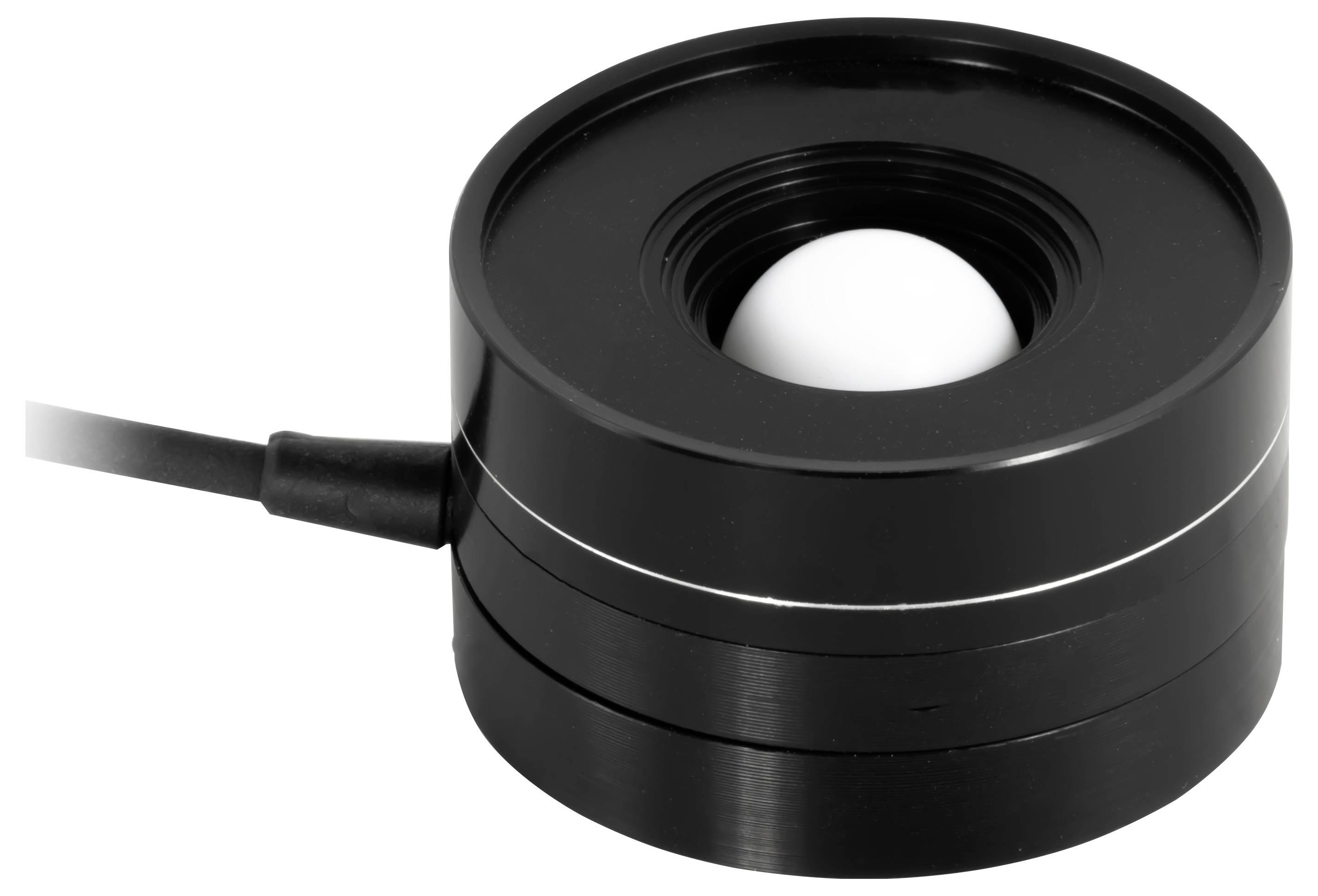 Schwarze zylindrische Kameraobjektivvorsatzlinse mit seitlichem Kabel- oder Schlauchstecker, gezeigt auf weißem Hintergrund.