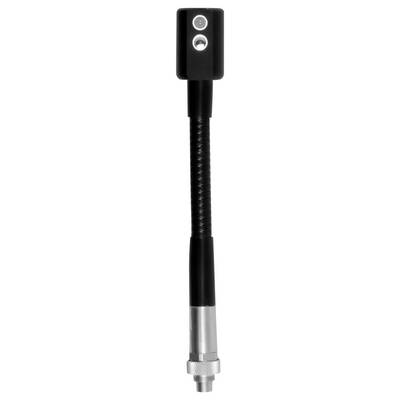 Schwarzes Metall-Audiokabeladapter mit zwei übereinander gestapelten runden Steckverbindern oben und einer silbernen Gewindebasis unten, isoliert auf Weiß.