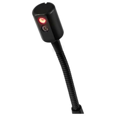 Schwarzer flexibler Schwanenhals-Sensor mit leuchtender roter Anzeigelampe, montiert auf einfachem weißem Hintergrund.