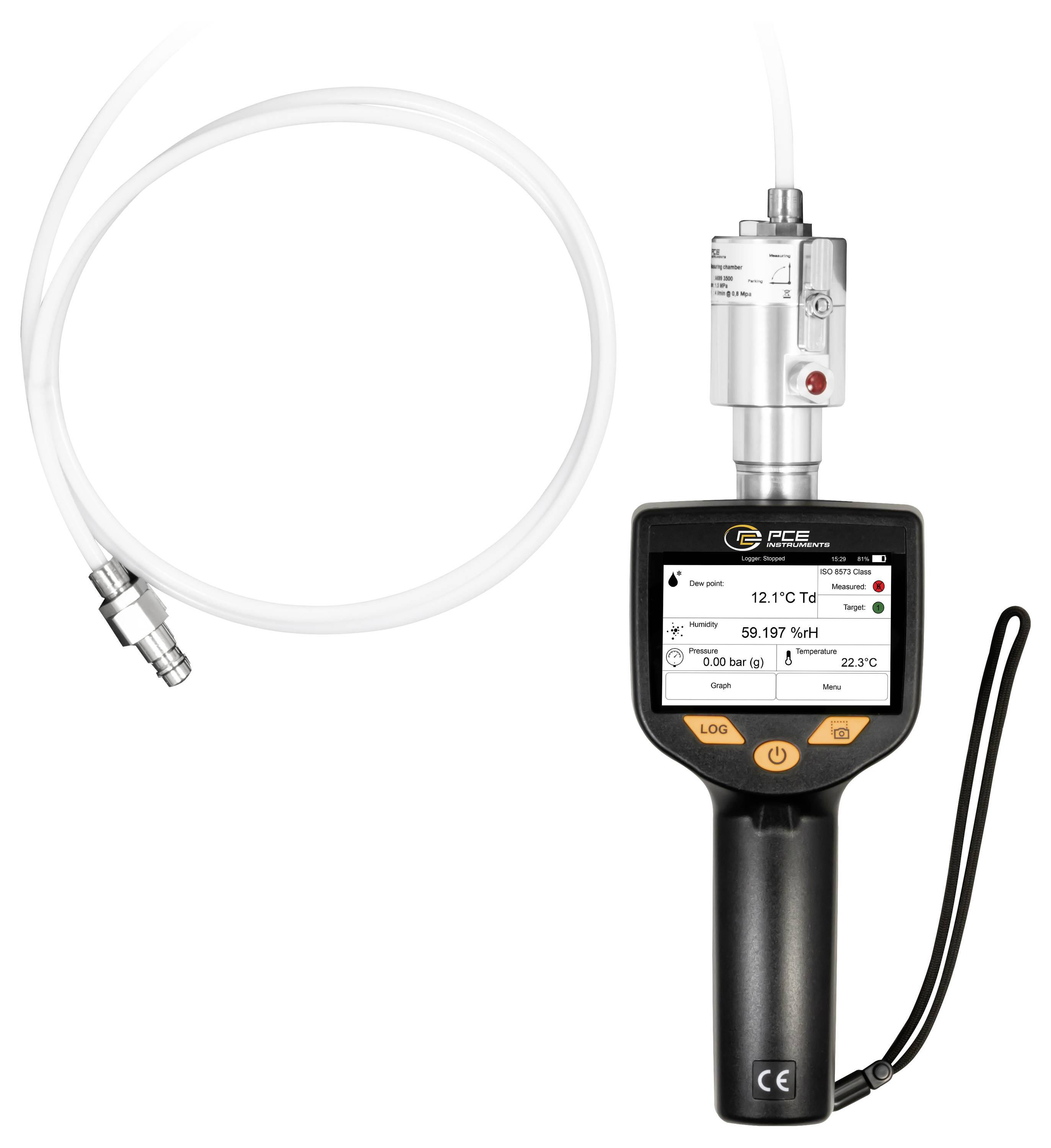 Ein digitales tragbares Gerät, das Temperatur- und Druckmessungen anzeigt und über Schläuche zur Prüfung oder Überwachung verbunden ist.