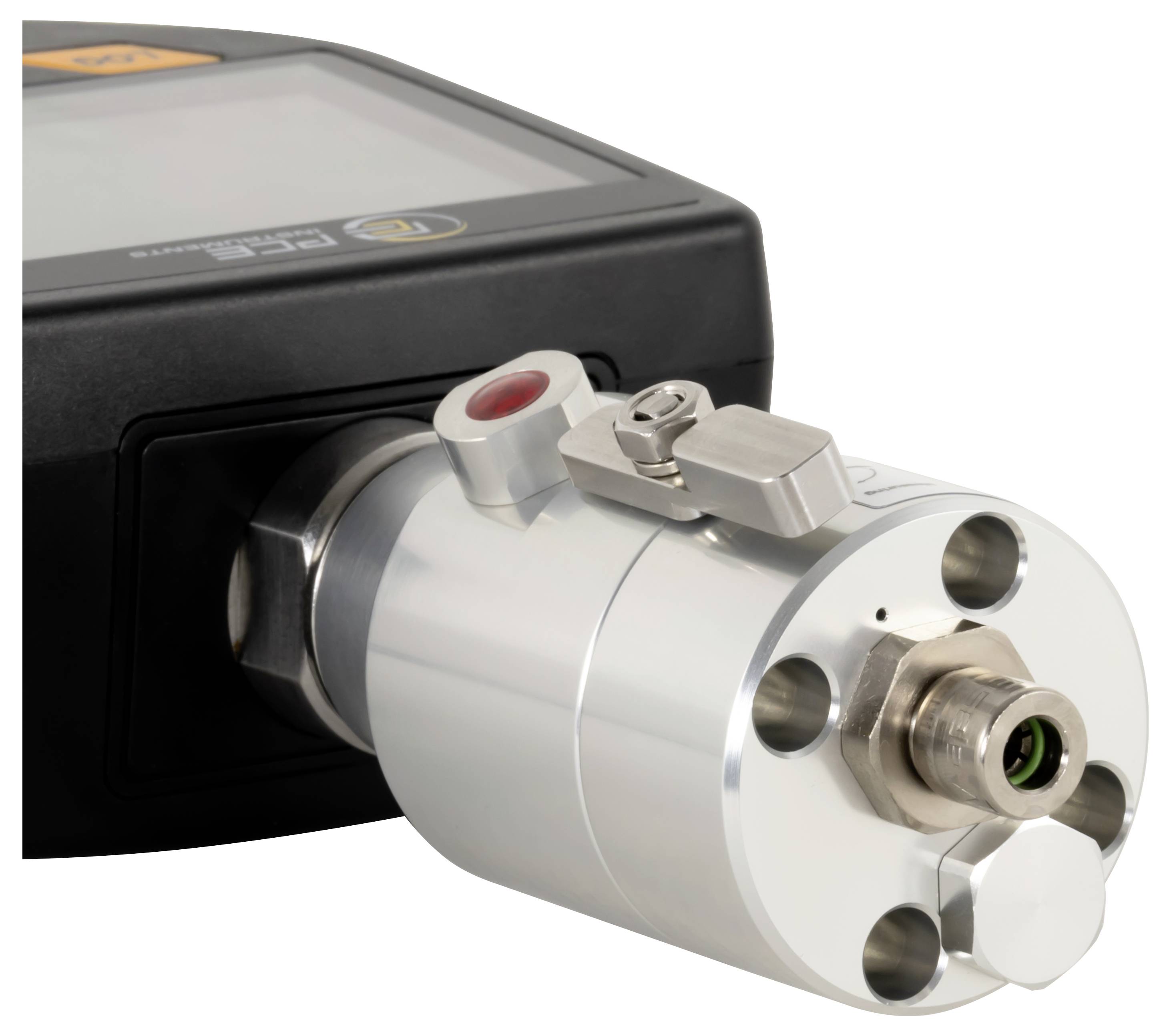 Eine Nahaufnahme von industrieller Ausrüstung mit einer digitalen Anzeige und metallischen Komponenten, die auf Mess- oder Steuerungsanwendungen hindeutet.