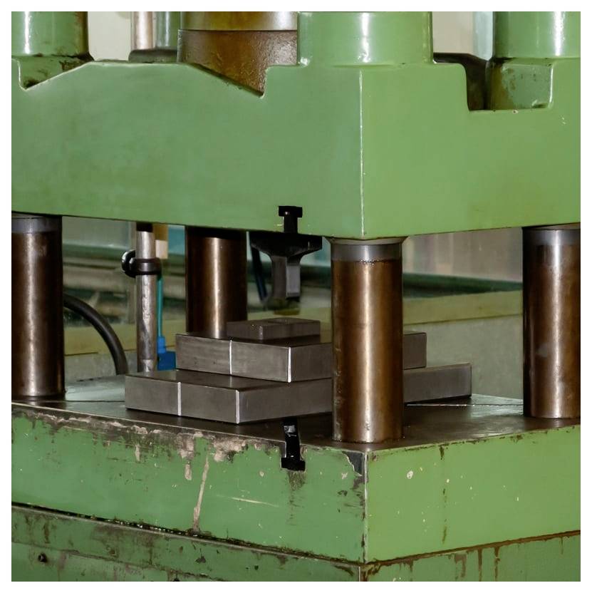 Industrielle Pressenmaschine, die gestapelte Metallblöcke auf einem Arbeitstisch komprimiert.