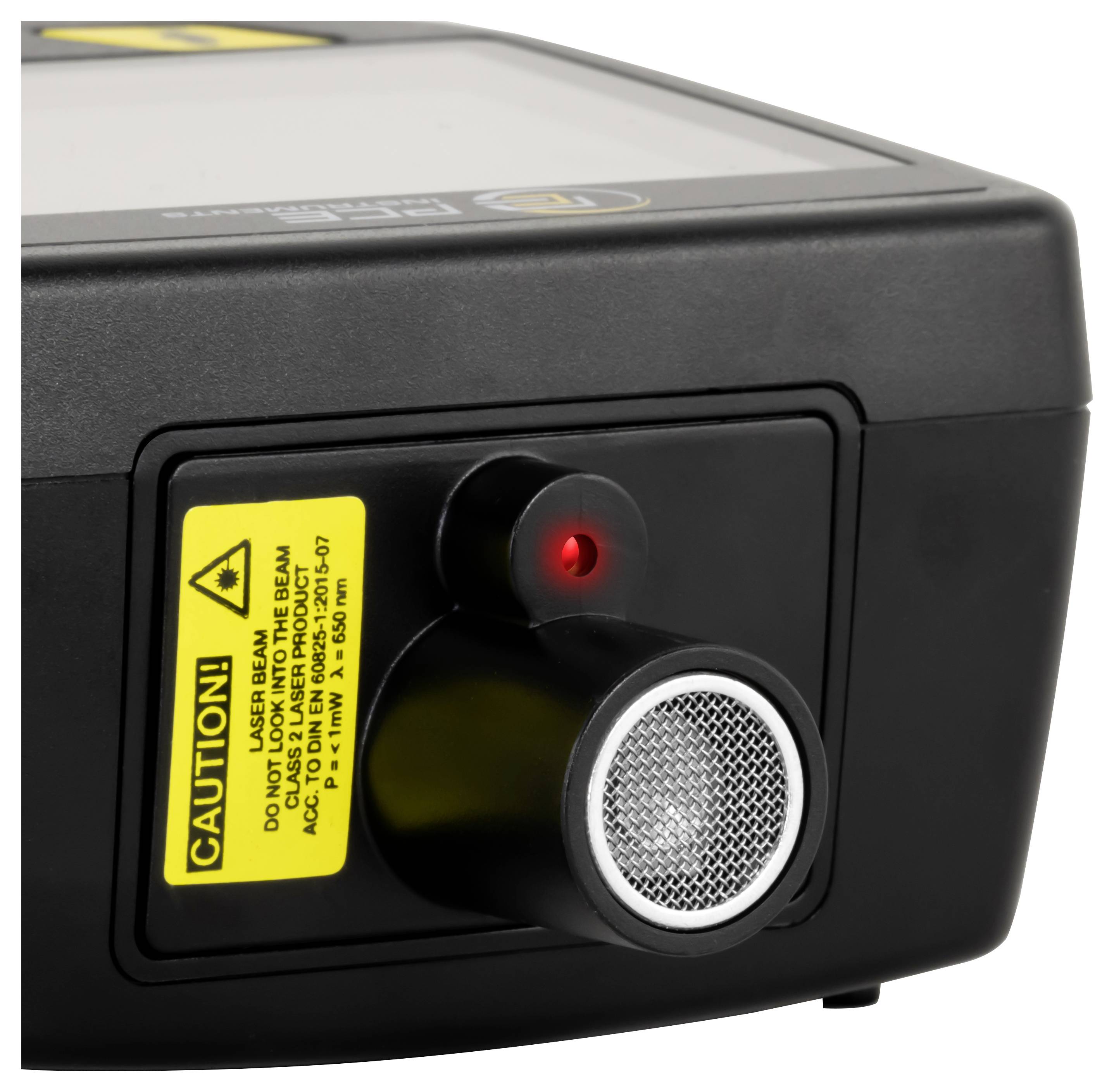 Nahaufnahme eines schwarzen Geräts mit einer roten Anzeigelampe und einem kreisförmigen Belüftungsschlitz oder Sensor, gekennzeichnet mit einer gelben Laserwarnung.