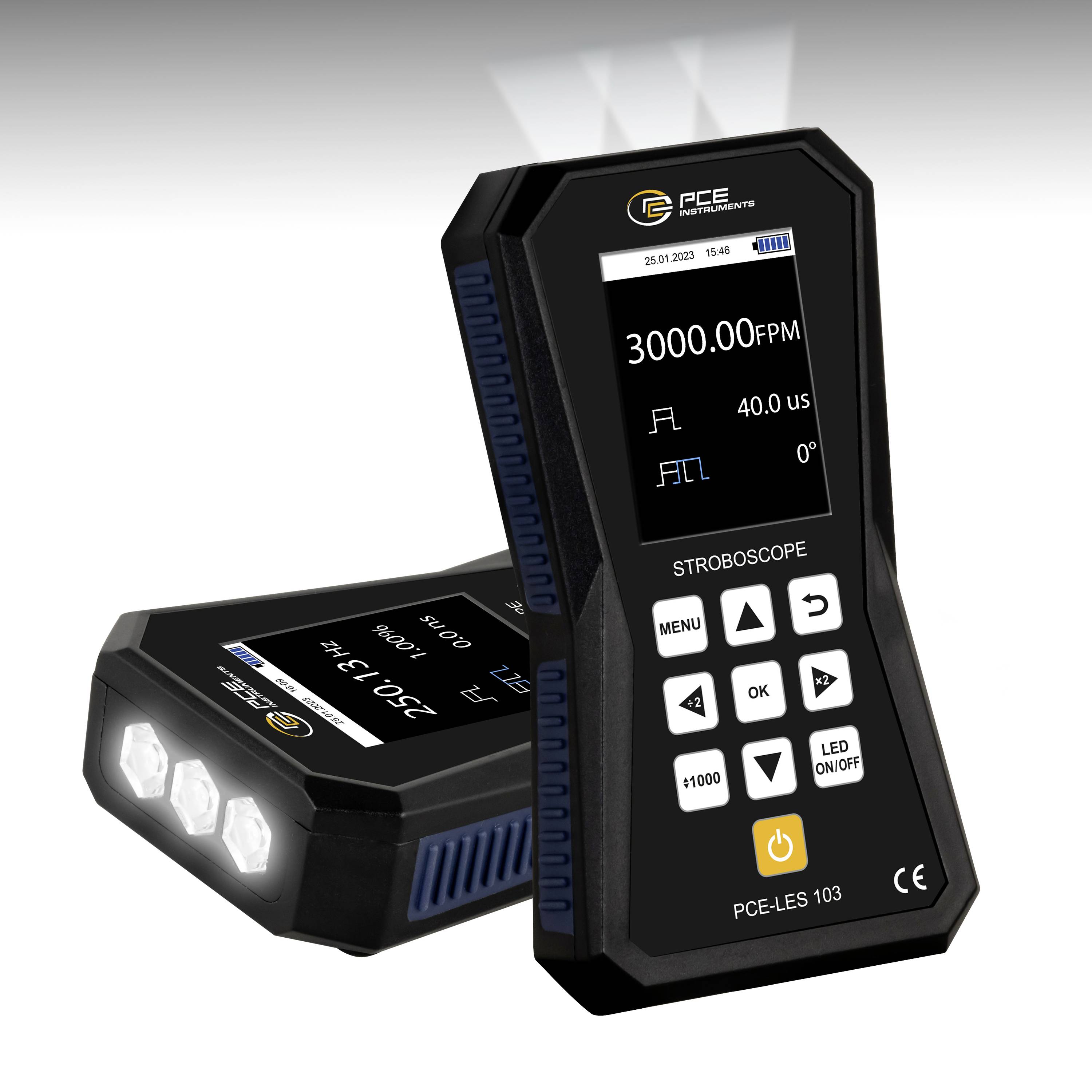 Zwei schwarze tragbare Stroboskopgeräte mit digitalen Displays und Steuertasten; eines zeigt 3000,0 RPM und 40,0 µs an, das andere hat drei LED-Leuchten.