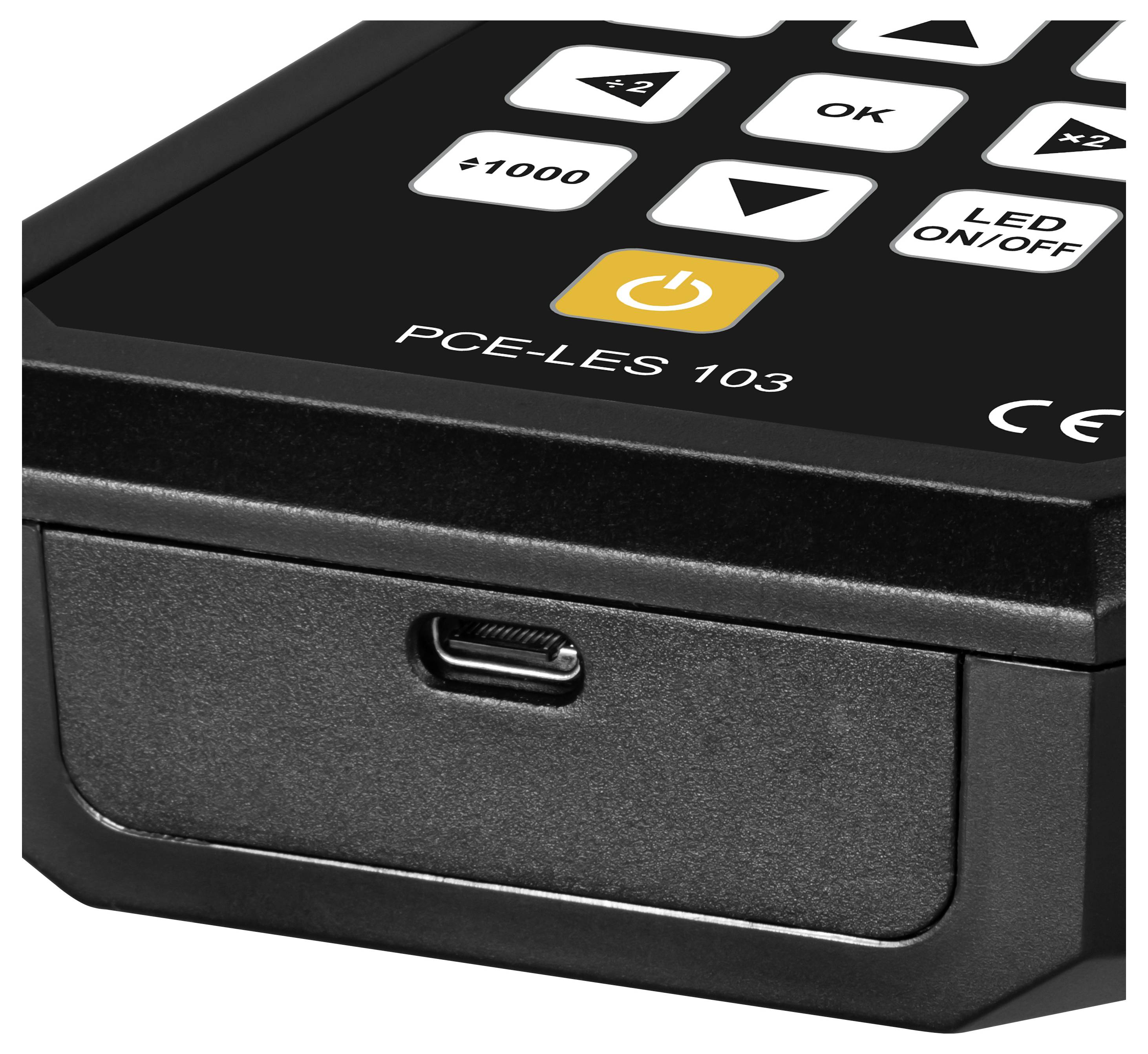 Nahaufnahme eines schwarzen Bedienfelds des PCE-LES 103 Geräts mit Pfeiltaste, OK-, LED-Ein/Aus- und Stromschaltern über einem vorderen USB-Anschluss.