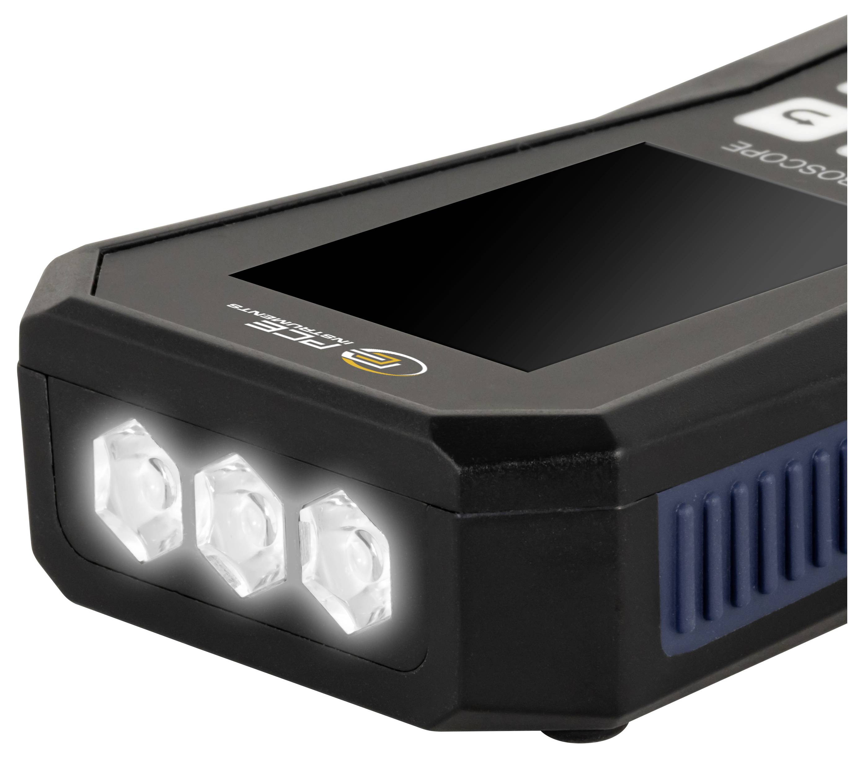 Kompakte schwarze wiederaufladbare LED-Arbeitsleuchte mit drei vorderen Glühbirnen und blauem Seitengriff, in Nahaufnahme auf weißem Hintergrund dargestellt.