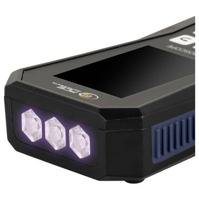 Tragbares schwarzes Gerät mit drei violett beleuchteten vorderen LEDs und einem kleinen Display oben, dargestellt auf weißem Hintergrund