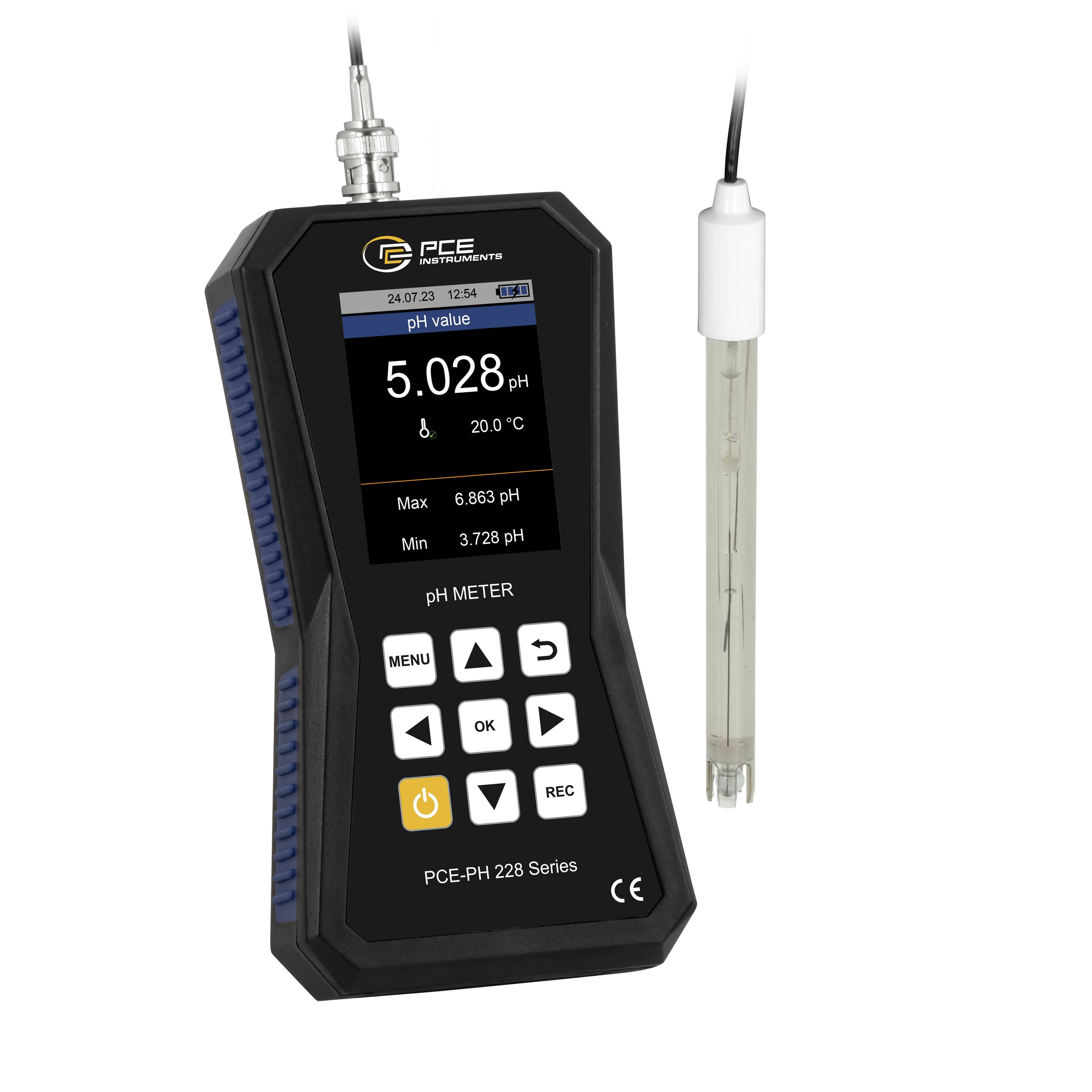 Tragbares PCE-pH-Messgerät mit Sonde, zeigt eine digitale pH-Anzeige von 5,028 und eine Temperatur von 20,0°C an.